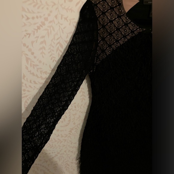 BCBG Maxazria Velma Black Dress Women's Size M Tiered Fringe Lace Long Sleeve - Picture 5 of 9